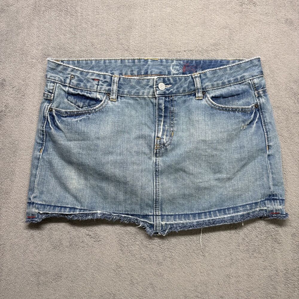 Vintage Denim Mini Skirt Size 14 Y2K Grunge Raw Hem